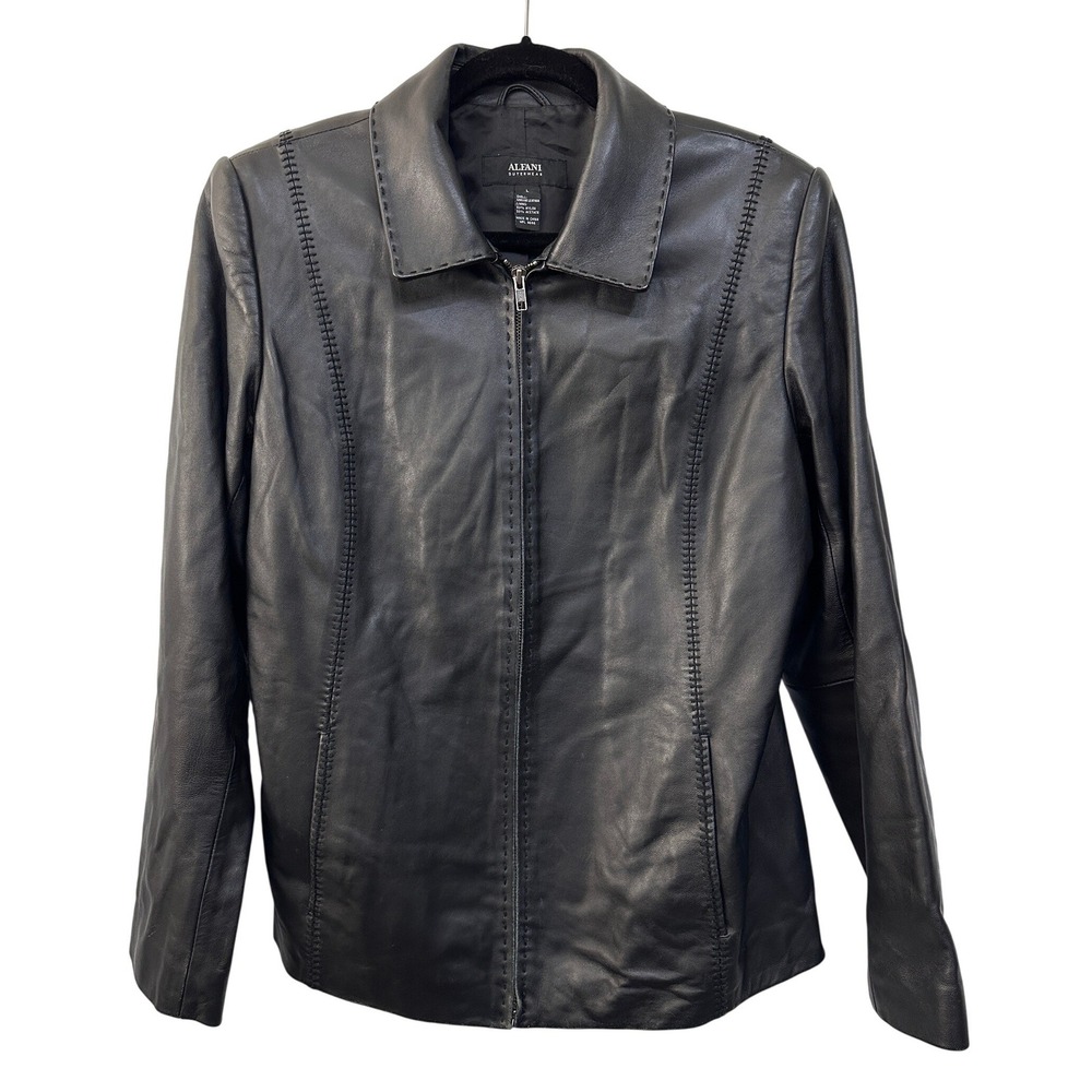 Y2K Alfani Black Genuine Leather Jacket L Whipstitch Y2K Zip Front Fitted